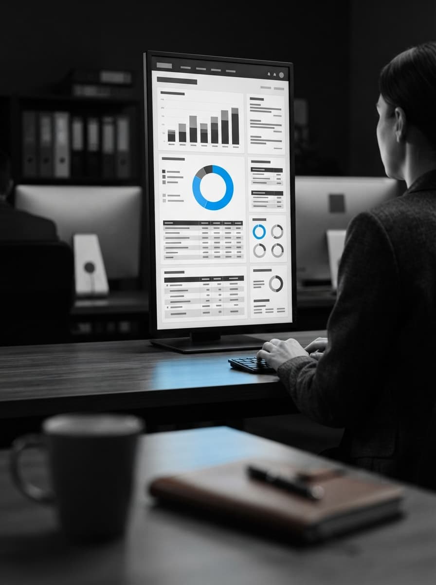 Monitor con una dashboard di grafici e tabelle